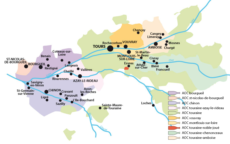 Loire Valley wine: map of the vineyards in Touraine, near Anjou, Saumur, Sancerre, Pouilly Fume. Red and white wines (blanc), sparkling wine...