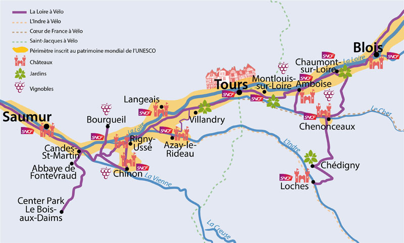 Cycling Loire Valley, and tour the Loire Valley Chateaux, not far from Paris. French cycle holiday, a trip with beautiful view.