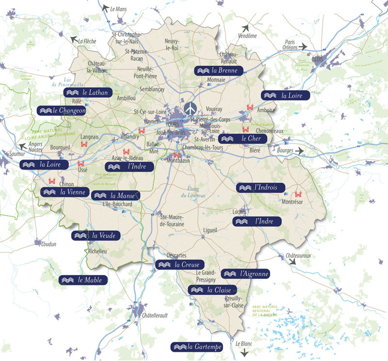 Map of Touraine rivers for a weekend's fishing in France.